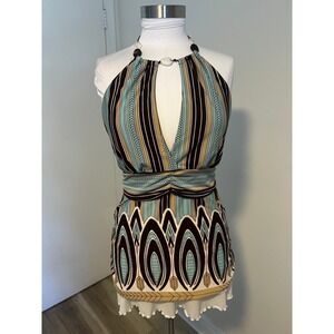 BCX y2k Womens Halter Top Aqua Brown Geometric Striped Beaded Keyhole Size L